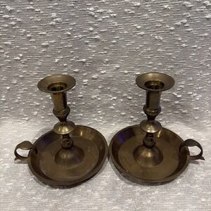 Vintage Solid Brass Candle Holders Set of 2 Finger Loop Thumb Rest 6‎ "Tall